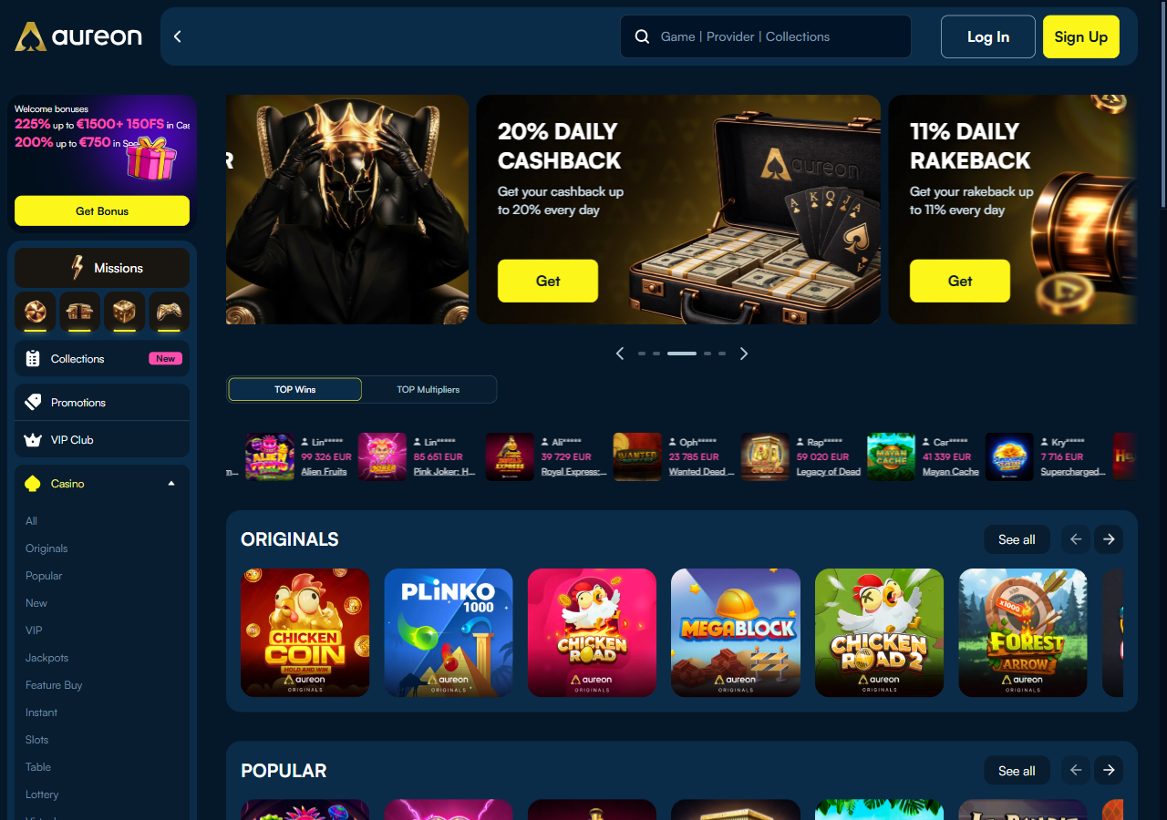Kuvakaappaus: Aureonplay Casino — pelit
