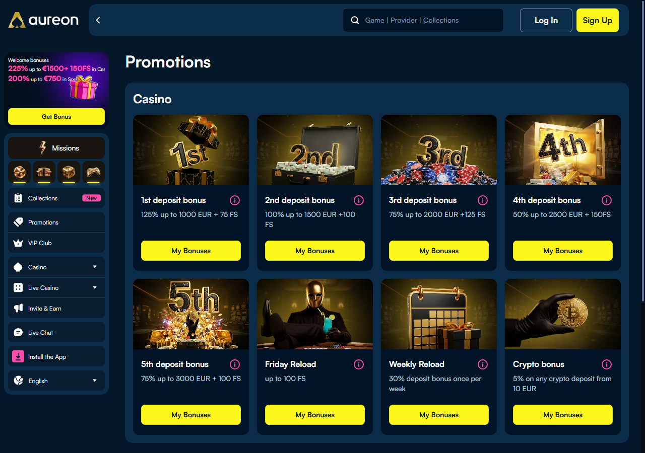 Kuvakaappaus: Aureonplay Casino — tarjoukset