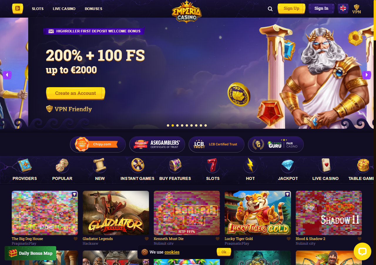 Kuvakaappaus: Emperia Casino — etusivu (emperiacasino.com)