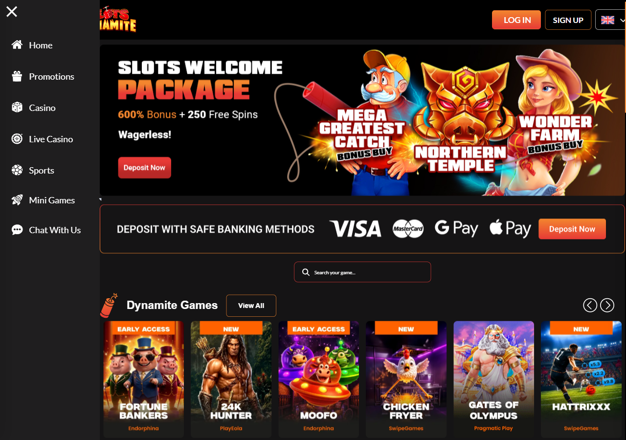 Kuvakaappaus: SlotsDynamite Casino — etusivu (slotsdynamite.com)