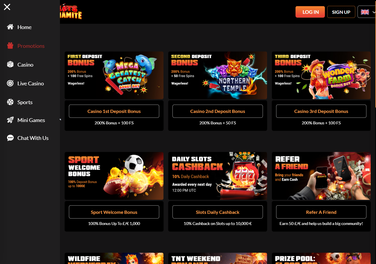 Kuvakaappaus: SlotsDynamite Casino — tarjoukset