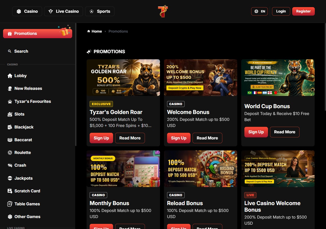 Kuvakaappaus: TigerBet247 Casino — tarjoukset