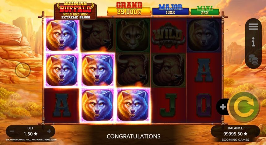 Booming Buffalo Hold and Win Extreme 25,000 base game grid