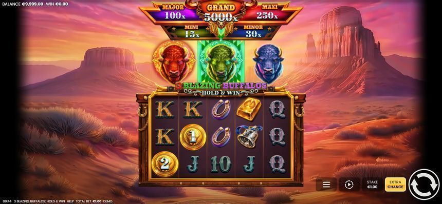 3 Blazing Buffalos: Hold & Win base game grid